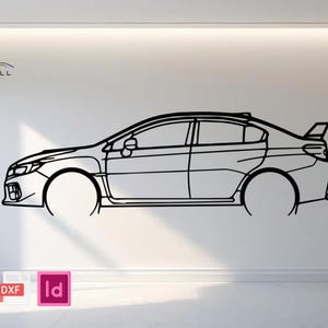 Può includere: Disegno a tratto nero di un'auto su un muro bianco. L'auto ha uno spoiler ed è etichettata con il testo "CARWELL" sopra l'auto. Sotto l'auto ci sono tre icone: PDF, DXF e Id.