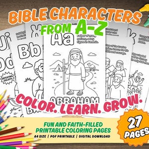 Bibelfiguren A-Z Malseiten für Kinder Biblische Helden Druckbare Blätter Christliches Alphabet Aktivität für Sonntagsschule & Heimschule