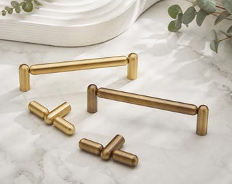 Brass Round Bar Cabinet Handles/Brushed Brass Drawer Pulls/Kitchen Pulls /Dresser Handles/Round Bar Hardware/Cupboard Door Hardware