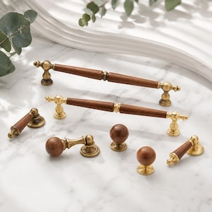 Maniglie per mobili in ottone e legno di noce/Maniglie per cassetti stile metà secolo/Pomelli per armadi dorati nordici/Ottone e legno di noce anticato/Accessori per la cucina