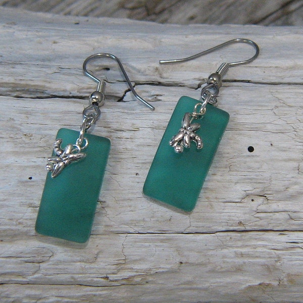 Seaglass and Dragonfly Earrings - Teal