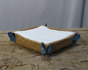 Crocheted Jute Cocktail Napkin Basket with Sea Glass Accents