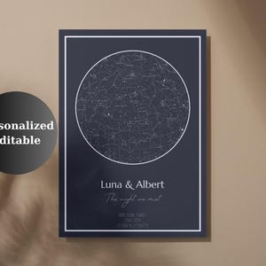 Impression personnalisée de carte des étoiles - Poster personnalisé ciel nocturne - Art mural constellation minimaliste - Cadeau pour couple - Carte du ciel avec date de naissance