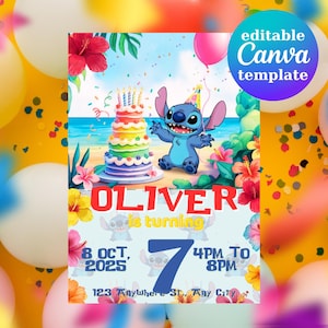 Convite de Aniversário Stitch Editável | Convite para Festa Lilo & Stitch + Adesivo Grátis | Modelo de Aniversário Tropical Infantil – Canva Editável