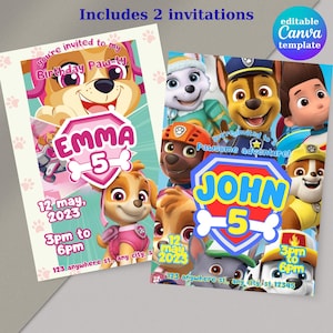 Bearbeitbares Paw Patrol Geburtstagseinladungspaket - Mädchen & Junge - Sofortiger Download - Doppeltes Design - Partyeinladungsvorlage