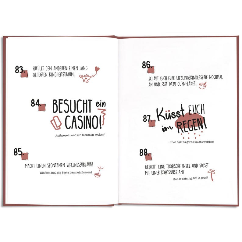 May include: Open book with German text and illustrations. Page 84 says "Visit a Casino!" with a casino chip illustration. Page 87 says "Kiss in the Rain!" with rain drops. Other pages have text and illustrations.