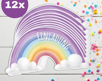 12 Einladungskarten Regenbogen I süße Kindergeburtstagskarten für schnelles Ausfüllen I Motivrand | Motto Party