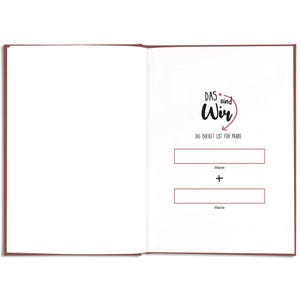 May include: Open notebook with a maroon cover and blank pages. The right page features text in German: "DAS sind Wir" and "DIE BUCKET LIST F&Uuml;R PAARE." Below are two rectangular boxes labeled "Name" with a plus sign in between.