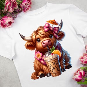 Highland Cow Bubble Tea Png Trendy Cute Cow Bow Farm Animal Sublimation Cow Design Digital Download for T-Shirts Highland Cow Printable