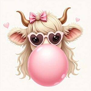 Coquette Highland Cow Bubblegum PNG Cute Cow Clipart Highland Cow Instant Digital Download for Sublimation & Crafts Cow Png