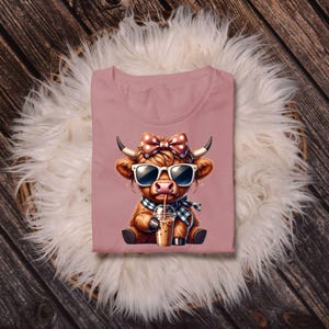 Highland Cow with Bubble Tea PNG Trendy Cute Cow Bow and Sunglasses Sublimation Cow Clipart for T shirt Digital Download Highland cow design