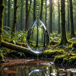 May include: A clear water droplet reflects a lush green forest scene, with tall trees and a path. The droplet hangs suspended, with smaller droplets falling. The forest floor is covered in moss and water.