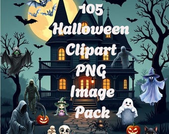 Spooky Cute Halloween Clipart Bundle, 105 PNGs (Digital Download)