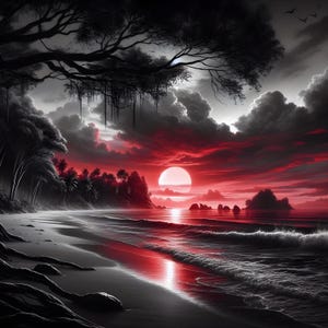 May include: A digital art print depicting a beach at sunset. The sky is a vibrant red, contrasting with the dark grey clouds and black silhouettes of trees and rocks. The sun is a bright white orb, reflecting on the water.