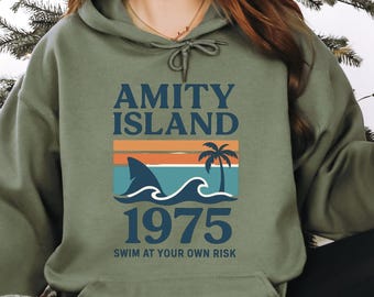Jaws Amity Island Hoodie, Retro Shark Sweatshirt, 1975 Shark Movie Shirt, Vintage Beach Thriller Hoodie, Shark Lover Gift, Amity Island Gift