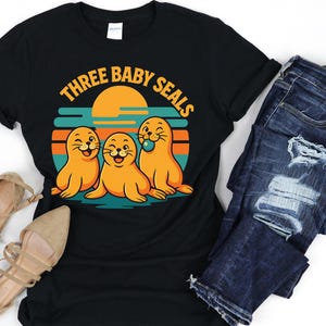 Three Baby Seal Vintage Graphic T-shirt, Retro Sea Dog Moon Tee, Cute Seal Lovers Shirt, Relaxed Washed Adult Tee, Fun Ocean Animal Gift Men