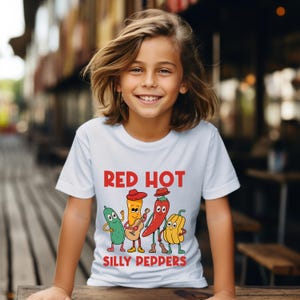 Red Hot Kids Silly Peppers Shirt, Funny Chili Pepper Kids Tee, Spicy Food Youth T-shirt, Cute Cartoon Veggie Top, Boys Girls Gift