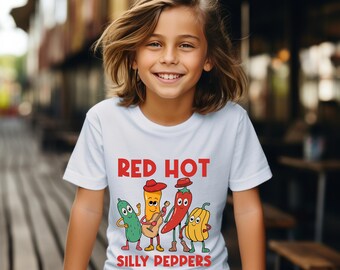 Red Hot Kids Silly Peppers Shirt, Funny Chili Pepper Kids Tee, Spicy Food Youth T-shirt, Cute Cartoon Veggie Top, Boys Girls Gift