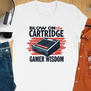 Retro Gaming T-Shirt, Blow On The Cartridge Graphic Tee, Vintage Gamer Wisdom Shirt, Classic Video Game Console Design, Funny Gamer Gift