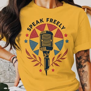 Speak Freely Graphic Tee: Retro Microphone, Civic Engagement