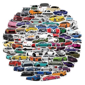 May include: A large collection of individual die-cut stickers featuring various sports cars and performance vehicles in a wide array of colors including red, blue, yellow, green, white, and black, arranged in a dense, circular cluster.