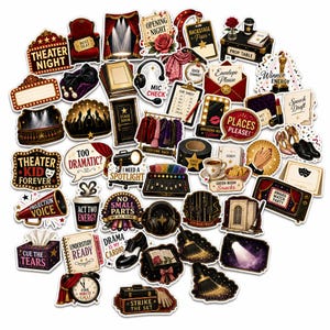 May include: A collection of theater-themed stickers featuring various illustrations including a stage, a spotlight, a costume rack, a microphone, a clapperboard, a trophy, and text such as Theater Night, Too Dramatic, and Places Please.