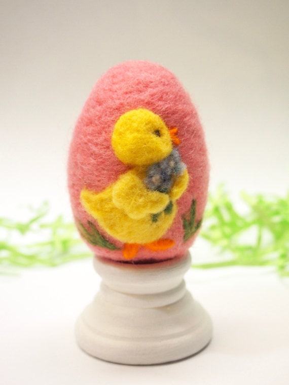 Baby Chick With Flowers Easter Chick On Felted Easter Egg Etsy