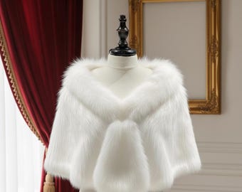 White genuine  Fox Fur Bridal Capelet, V-Neck Wedding Bolero