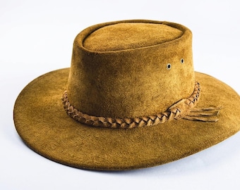 Sombrero vaquero de cuero genuino envejecido - Plegable, marrón, protección, ala ancha, senderismo, actividades al aire libre