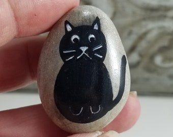 Hand painted black cat stone - option to add magnet - great cat lover gift - cat lady - painted black cat - pebble art - refrigerator magnet