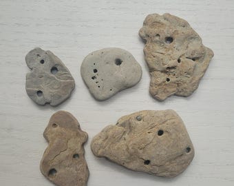 5 Holey Beach Rocks/pebbles - hag stone assortment with holes - Lake Michigan stones - jewelry, decorating, crafting, fairy garden