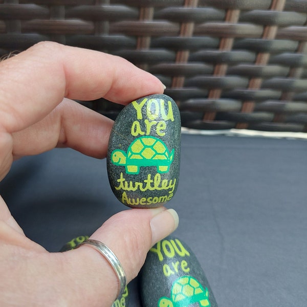 Painted Rock - "You are turtley awesome" - Hand painted beach stone - refrigerator magnet - painted turtle - inspirational - congratulations