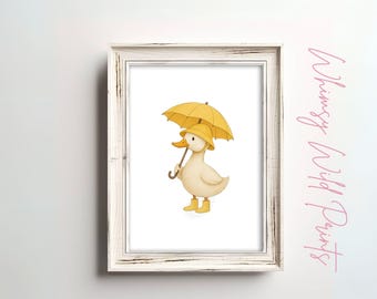 Duck with Yellow Umbrella Nursery Print: Watercolor Baby Room Decor (Digital Download)