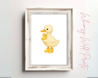 Lámina infantil de pato y patito: Decoración de acuarela para habitación de bebé (descarga digital)