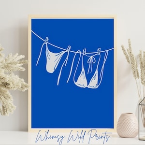 Bikini Print Blue Beachy Wall Art Coastal Aesthetic Poster Summer Digital Print Bikini on Clothesline Trendy Wall Art Preppy Print