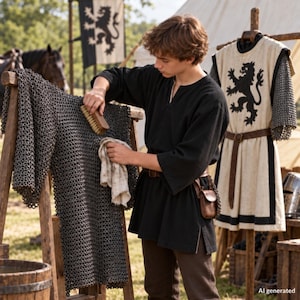 May include: A metal chainmail shirt hanging on a wooden stand, being cleaned with a wooden brush and a cloth. The chainmail consists of interlocking metal rings. Nearby, a beige tunic with a black lion emblem is displayed on a separate stand.