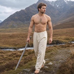 Handgjorda medeltida vikingabyxor i linne för män - medeltida dragsko för renässansmässa, lajv, cosplay, återskapande