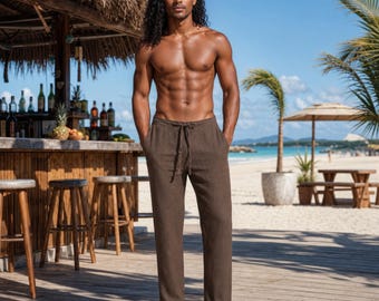 Handgemaakte bruine linnen broek, comfortabele broek met trekkoord, lichtgewicht zomerse strandkleding, ademende zachte broek voor dagelijks gebruik.