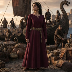 May include: A long-sleeved, floor-length burgundy dress with a simple round neckline and a notched detail. The dress is cinched at the waist with a wide, ornate metallic belt featuring intricate circular patterns and a long, dangling strap.