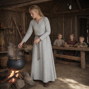 May include: A long-sleeved, floor-length light gray dress with a simple round neckline and a thin brown rope belt tied at the waist. The dress features a solid, plain fabric construction with a fitted bodice that flows into a full-length skirt.