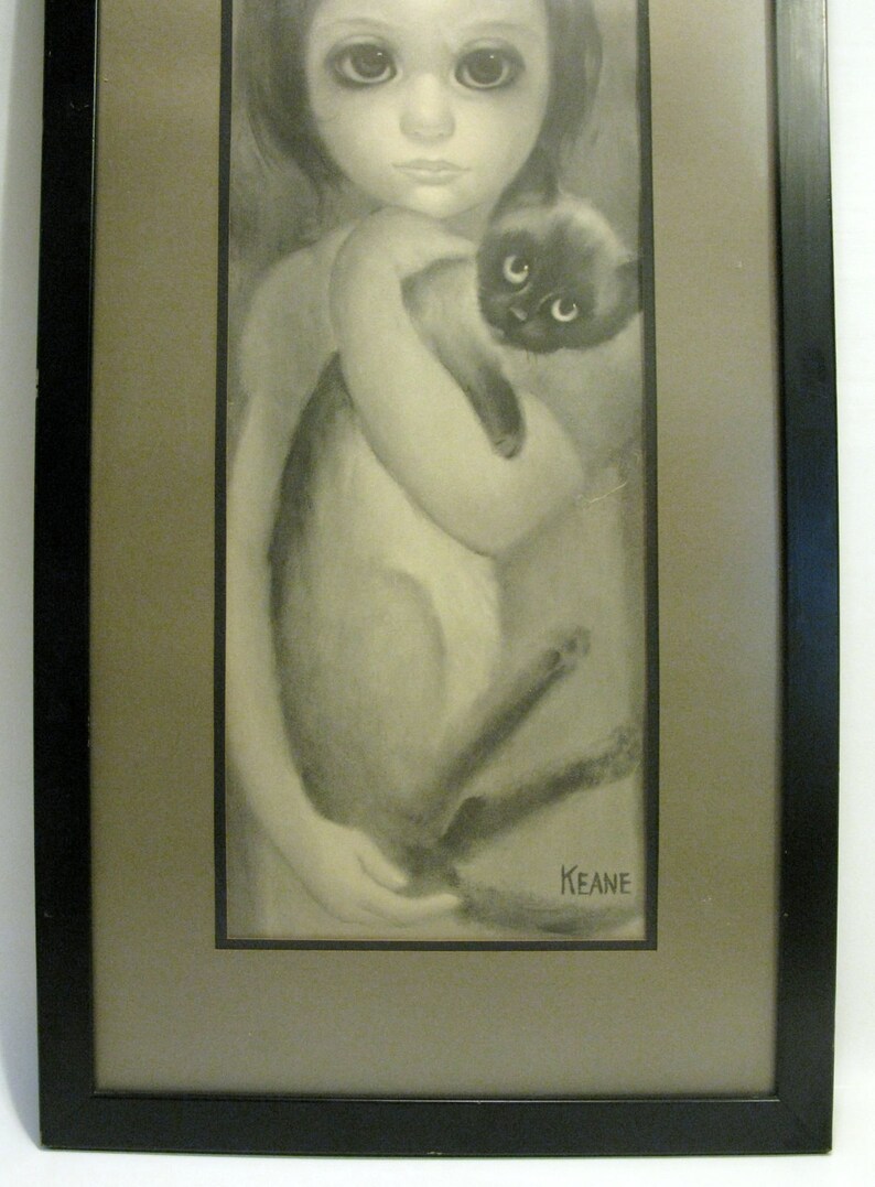 1960s KEANE Big Eyed Girl & Cat Framed Print Etsy