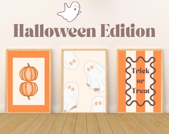 Halloween Herbst Wandbilder Set – Digital Prints mit Kürbis, Geist & Trick or Treat Pumpkin, Ghost Halloween Lettering Wall Art Cozy