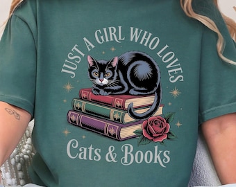 Comfort Colors® Just a Girl Who Loves Cats and Books Shirt,Book Lover Gift Tee, Funny Cat Lover T-Shirt, Reading Shirt, Cozy Reading Cat Tee