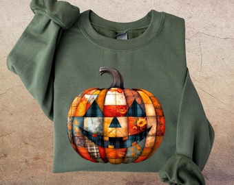 Retro Patchwork Halloween Pumpkin Sweatshirt, Halloween Pumpkin Shirt, Spooky Season Sweater, Halloween Cute Women Outfit, Halloween Gift