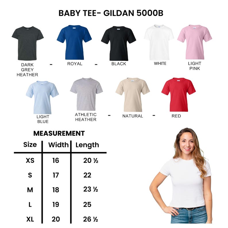 Puede incluir: Imagen de camisetas para beb&eacute;s en varios colores: gris oscuro jaspeado, azul real, negro, blanco, rosa claro, azul claro, jaspeado atl&eacute;tico, natural y rojo. Las medidas se proporcionan en pulgadas para las tallas XS a XL.