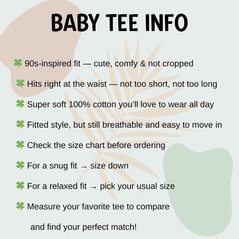 Puede incluir: Gr&aacute;fico con el texto "BABY TEE INFO" en negro. El texto describe las caracter&iacute;sticas de una camiseta de beb&eacute;, incluyendo el ajuste, el material y c&oacute;mo encontrar la talla correcta. El fondo tiene colores suaves y apagados.