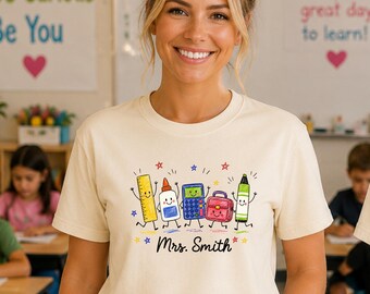 Custom Name Teacher Shirt, Personalized Teacher T-Shirt,Crayon Apple Pencil Shirt, Teacher Gift, Back to School, Teacher First Day of School