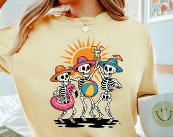 Summerween Skeleton Beach Shirt, Spooky Party Tee, Halloween in Summer Shirt, Comfort Colors® Skeleton Tee, Funny Beach Halloween T-Shirt