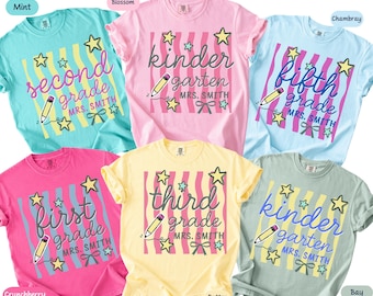Custom Kindergarten Teacher Shirt, Comfort Colors® First Grade Tee, Retro Stripe Third Grade Team Shirt, Back to School, Elementary BTS01
