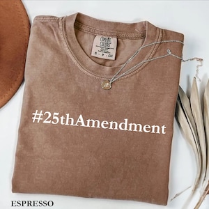 May include: Espresso-colored t-shirt with the text "#25thAmendment" in white. The shirt is folded and has a crew neck. A silver necklace with a pendant rests on the shirt. The shirt is from Comfort Colors.